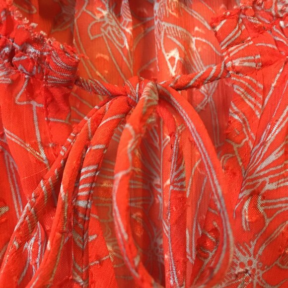 ALFRED SUNG Orange and Grey Floral Voile Sleeveless Tie Up Blouse - Picture 6 of 14